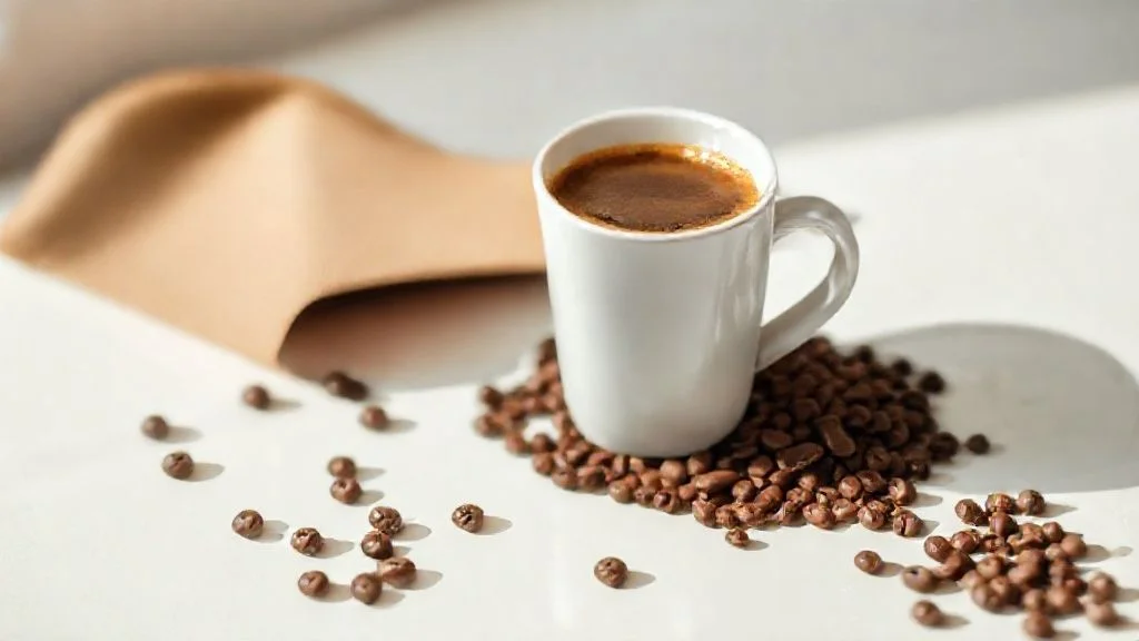 Freshly brewed coffee poured into an elegant glass cup, with dynamic steam and perfect crema, in a modern setting.