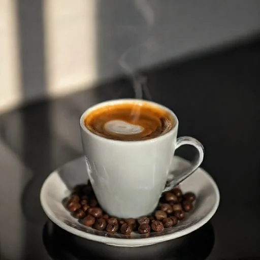 A stunning, artistic macro shot of a diverse array of perfectly roasted coffee beans, subtly reflecting geometric light patterns, arranged in an abstract, flowing composition.