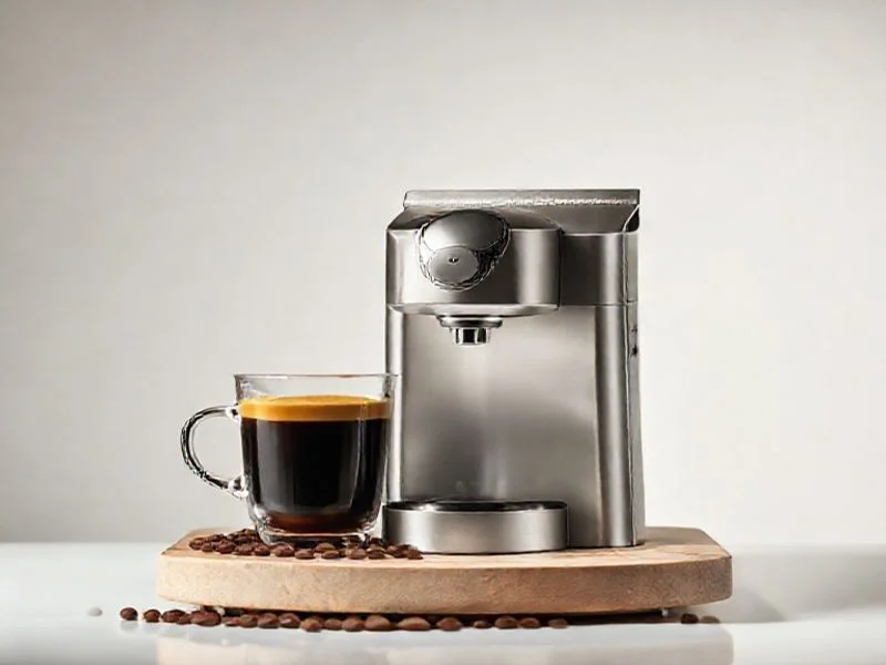 A modern espresso machine perfectly pulling a shot, with rich crema visible.