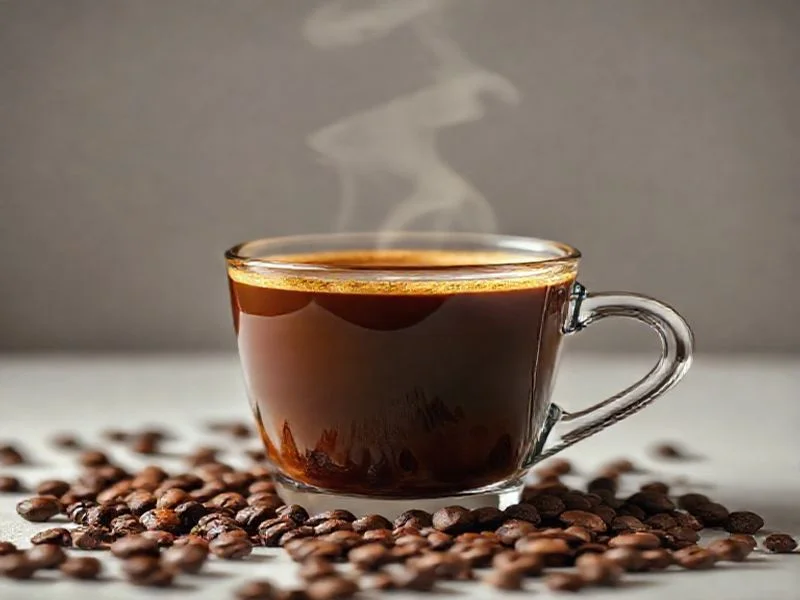 A minimalist, elegantly composed flat lay featuring a high-end smartphone displaying glowing 5-star ratings and positive text feedback, next to a perfectly brewed espresso shot with rich crema.