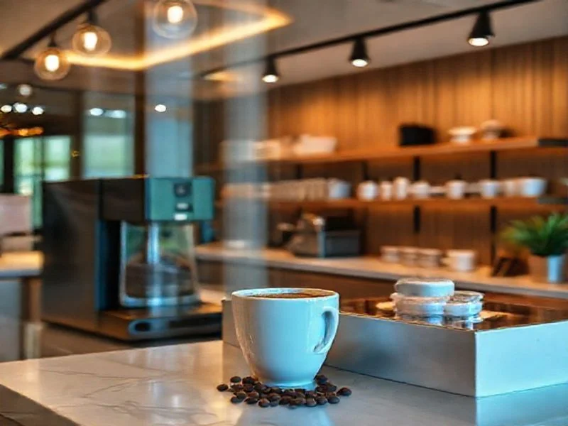 A dynamic, abstract composition of raw, green coffee beans transforming into perfectly roasted, glossy beans through a luminous, geometric portal.