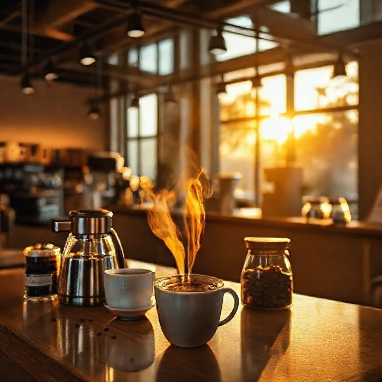 An ethereal, dreamlike scene featuring a single, ancient coffee plant branch bearing ripe crimson coffee cherries and delicate white blossoms, floating within a vast, translucent, mist-filled space.